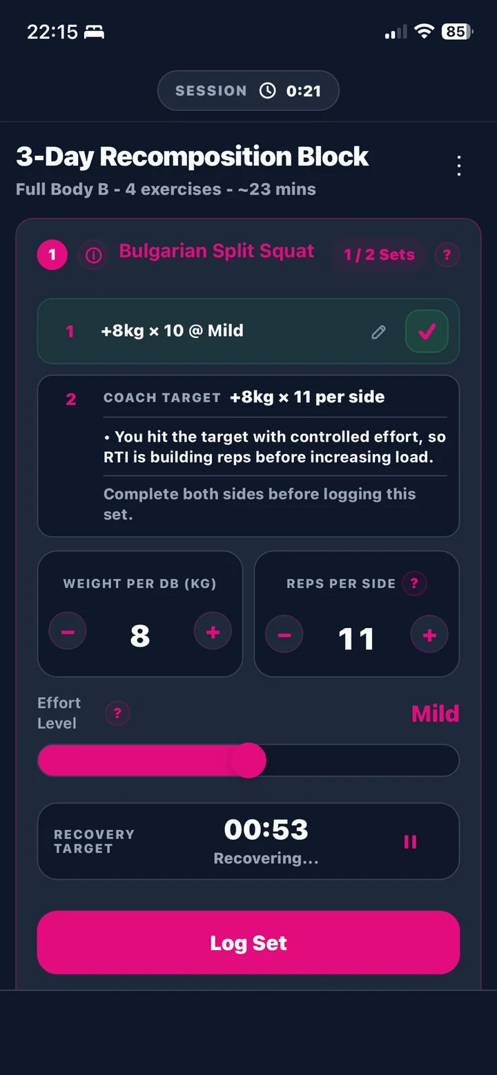 RTI coached workout showing a completed set and the next target