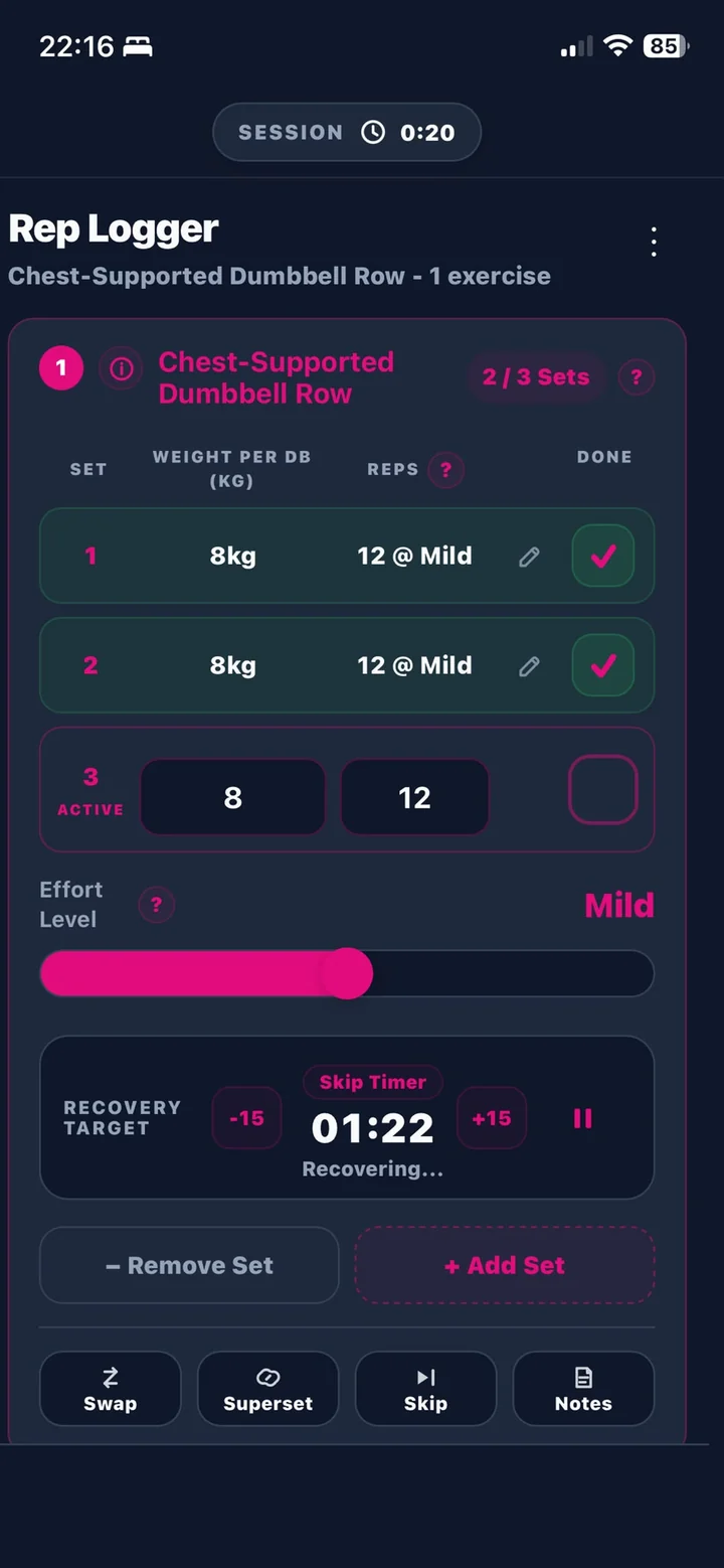 Dark-theme Rep Logger with completed sets, weight and rep inputs, effort and rest timer