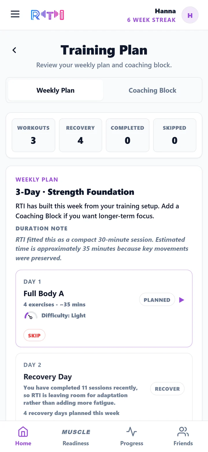 RTI weekly calendar with scheduled workouts, recovery days and completion tracking