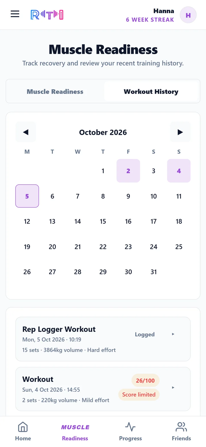 RTI workout history with calendar and completed sessions